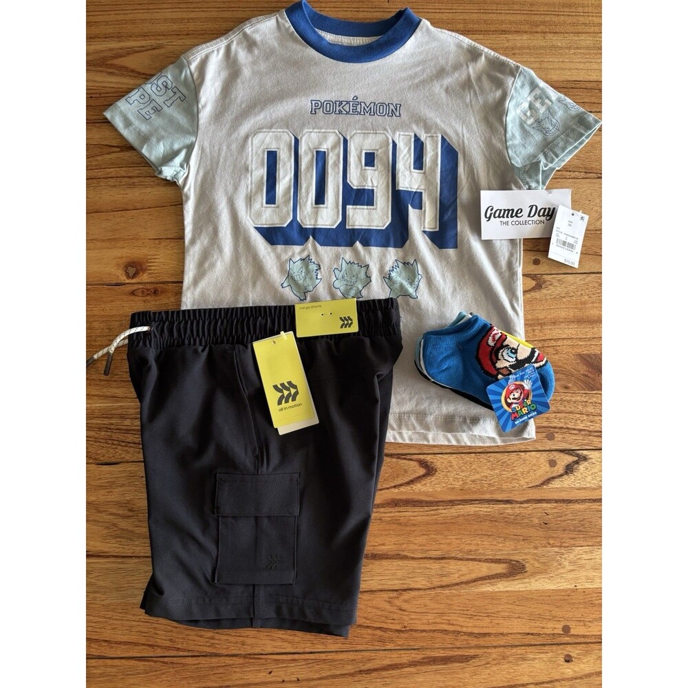 Pokémon T-Shirt.  Super Mario Socks All In Motion Black Athletic Shorts Kids XS